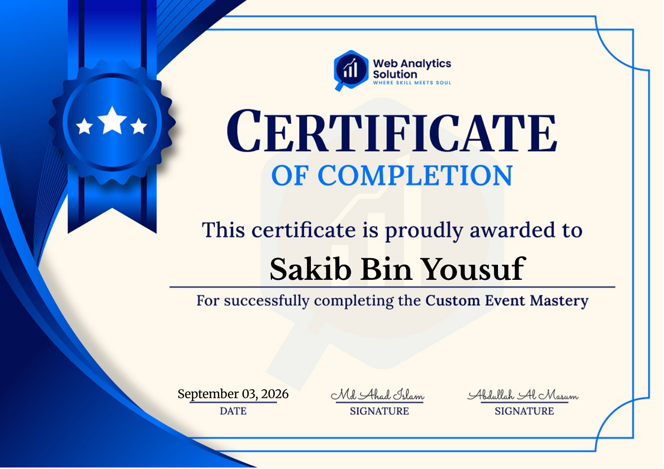 Custom Event Mastery certificate awarded to Sakib Bin Yousuf