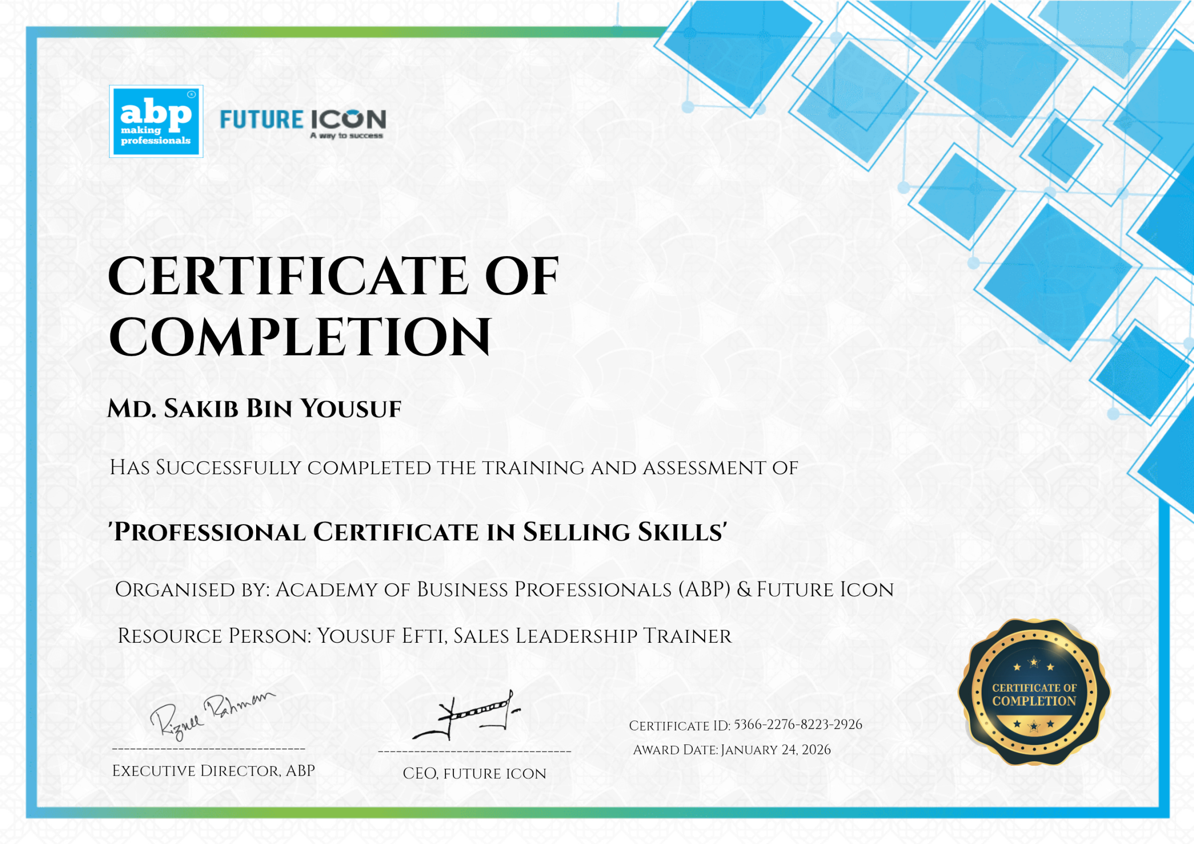 Professional Certificate in Selling Skills certificate awarded to Sakib Bin Yousuf