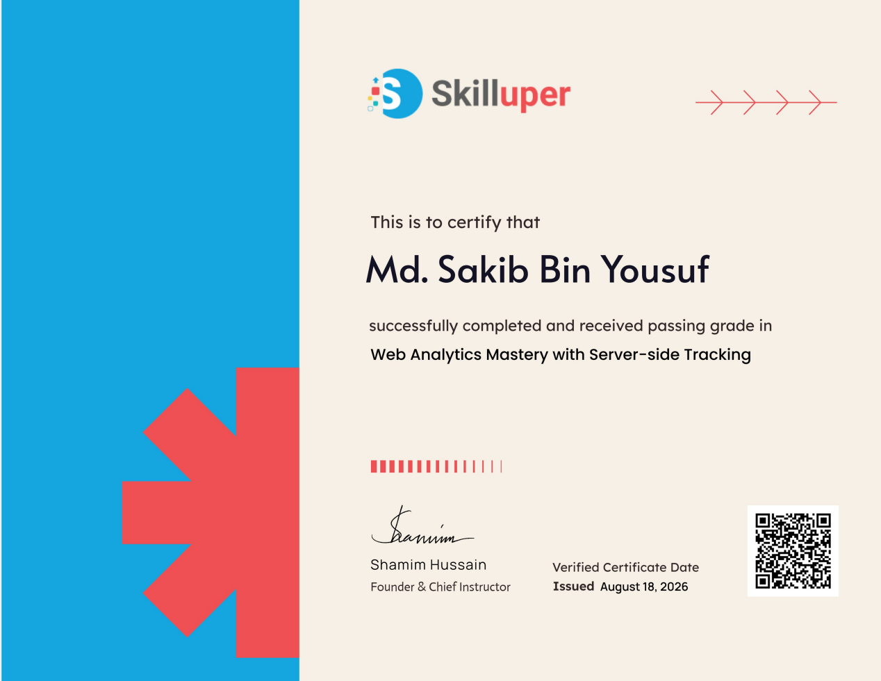Web Analytics Mastery with Server-side Tracking certificate awarded to Sakib Bin Yousuf